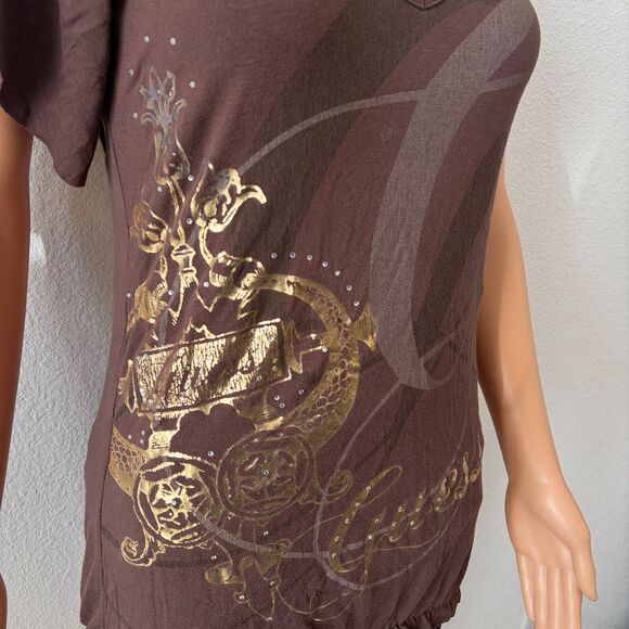 Vintage Guess Women's Top XS Dark Brown Bedazzled All Over Gold Foil Y2K 2000s - Picture 3 of 7